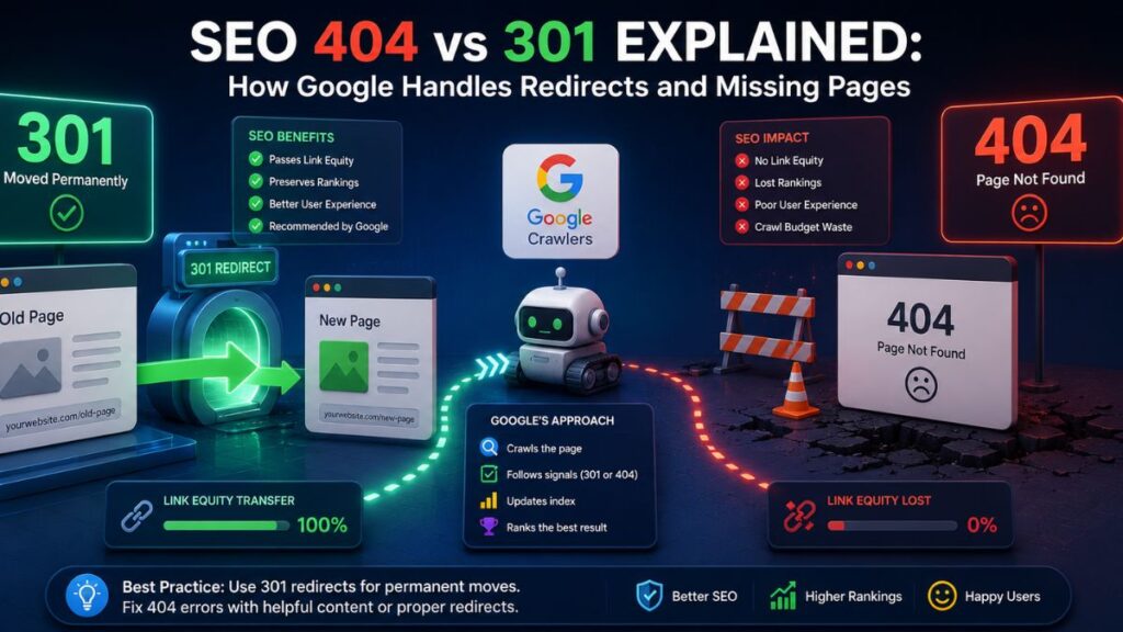 SEO 404 vs 301 Explained: How Google Handles Redirects and Missing Pages