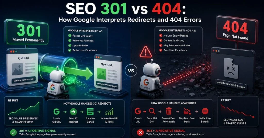 SEO 301 vs 404: How Google Interprets Redirects and 404 Errors