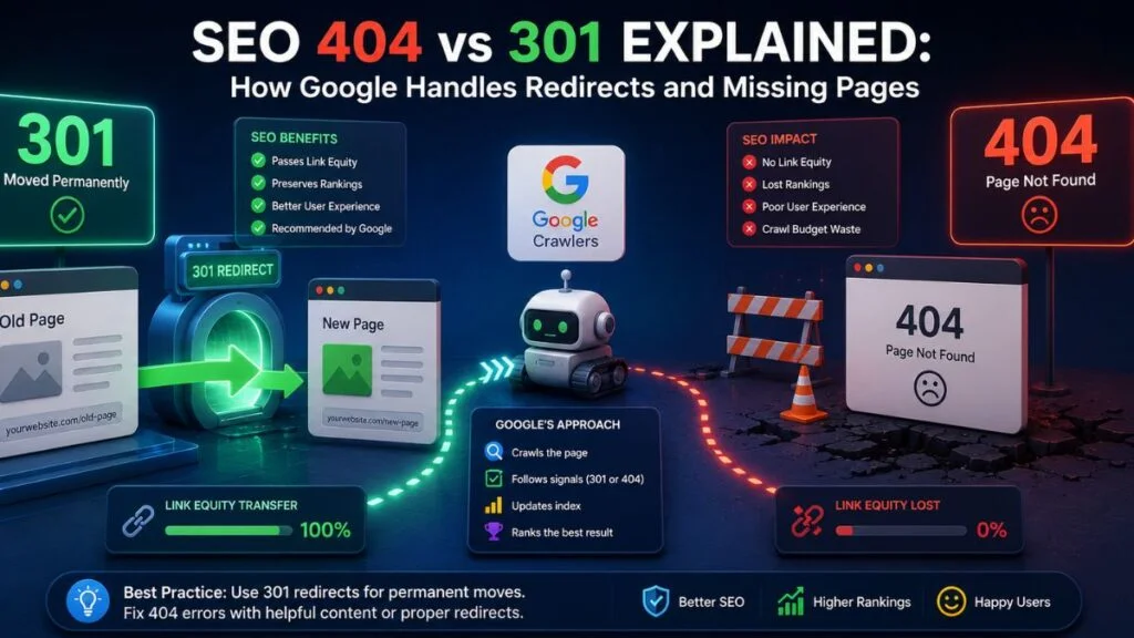 SEO 404 vs 301 Explained: How Google Handles Redirects and Missing Pages